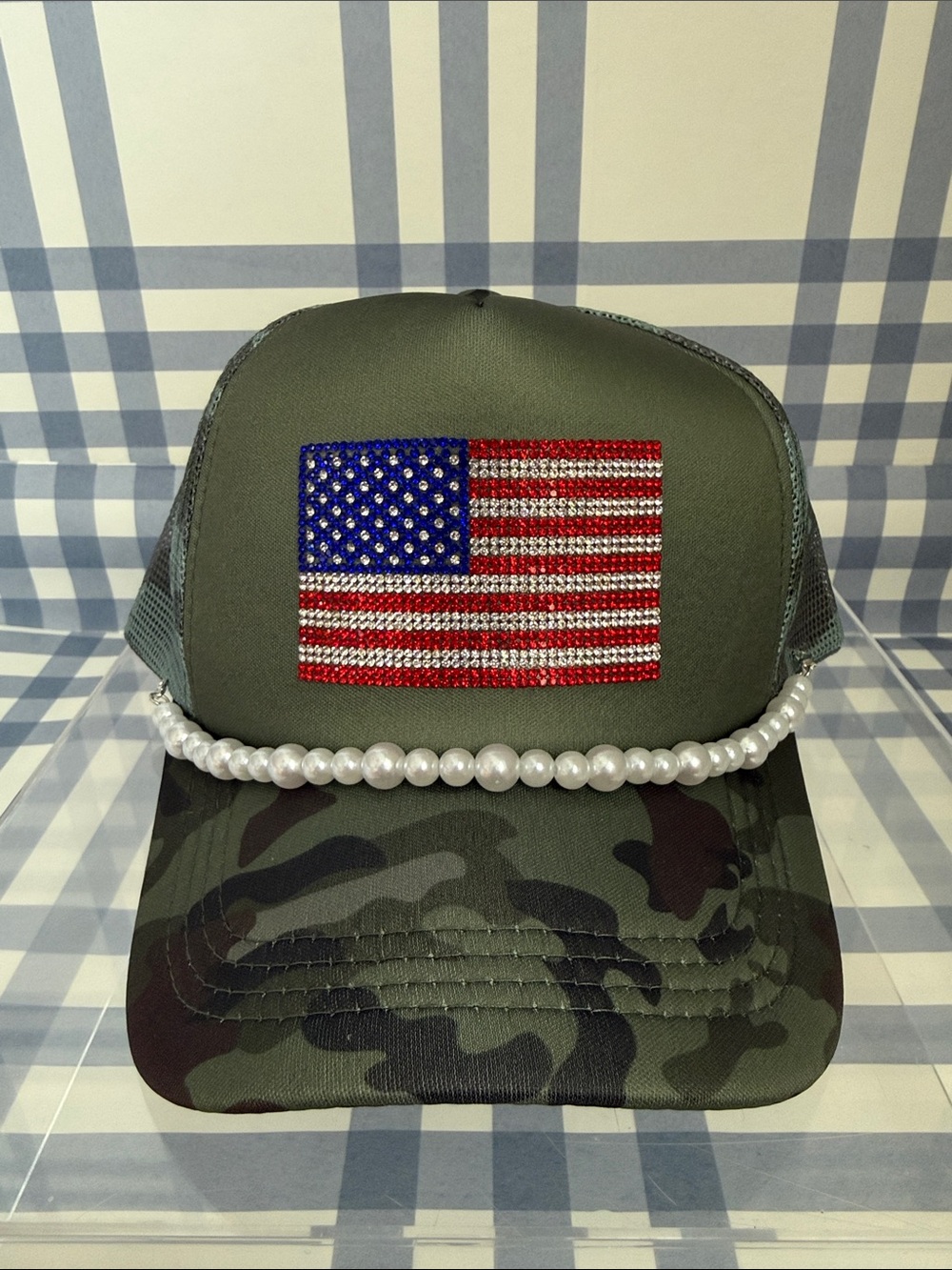 Pearl Green Camo Cap w/ Faux Pearl Trim